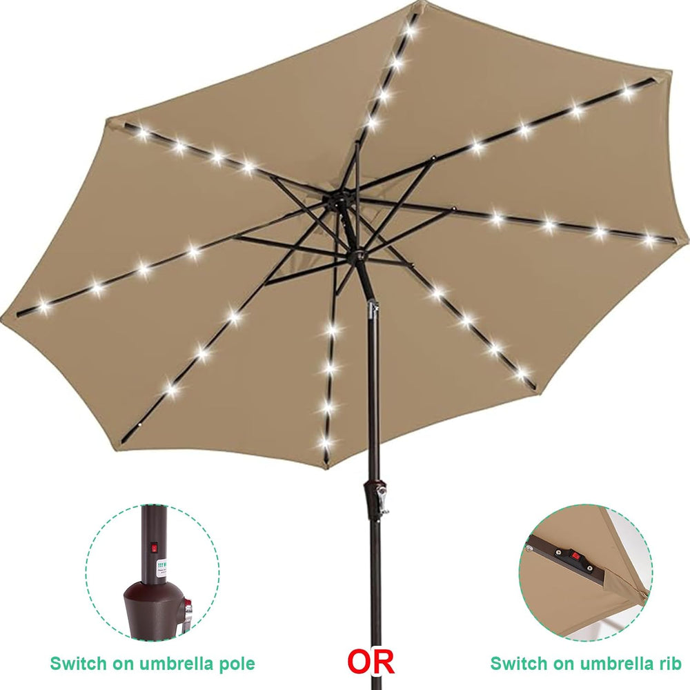 JEAREY 9' Patio Umbrella with Solar Lights, LED Umbrella, Beige