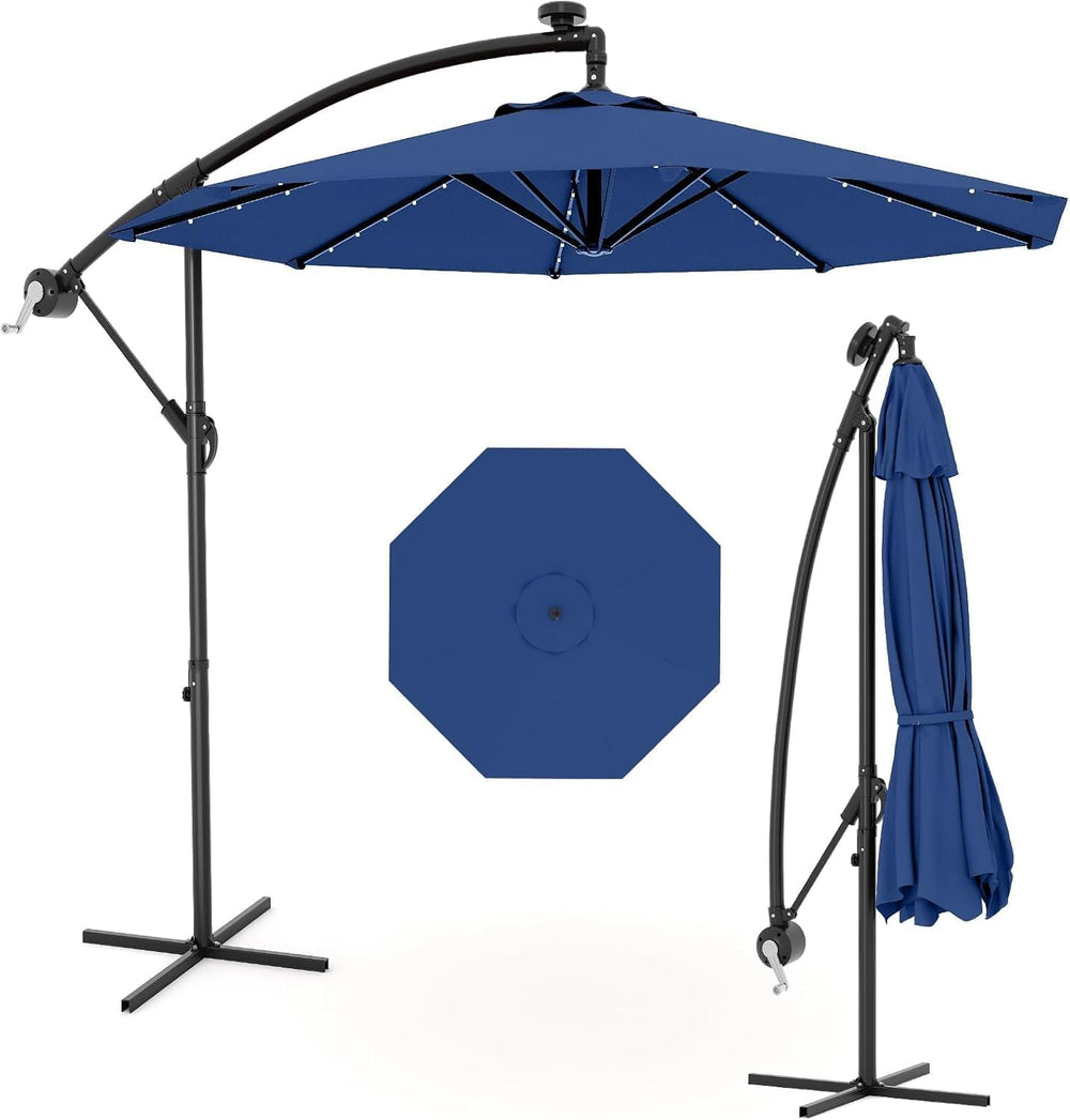Garvee 10FT Solar Lights Offset Patio Umbrella with Cross Base, Navy Blue
