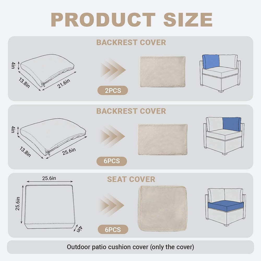 14Pcs Outdoor Cushion Covers, Patio Furniture Cushion Covers, Beige