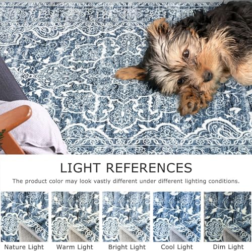 KUTA Floral Area Rug 4x6 Living Room Washable Rugs Vintage Blue White