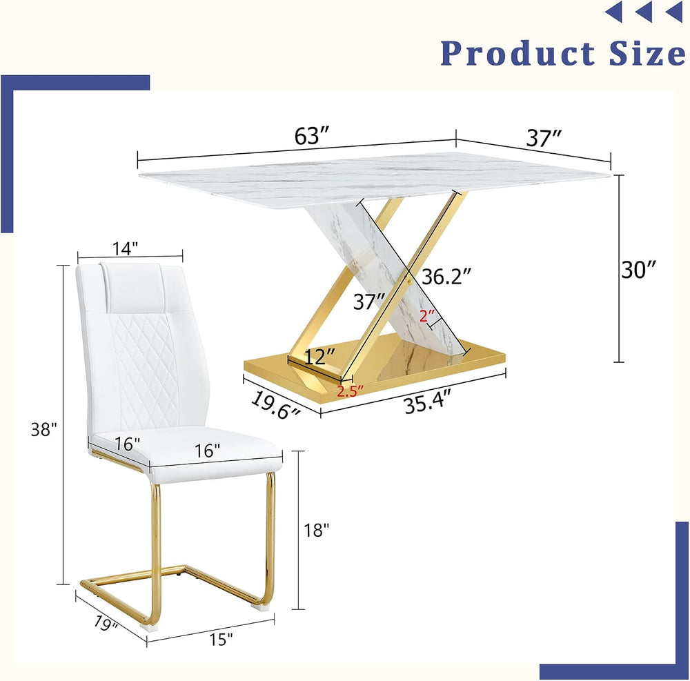 YUNDREAM Modern Marble Dining Table Set for 6,White Gold 63'' Dining ...