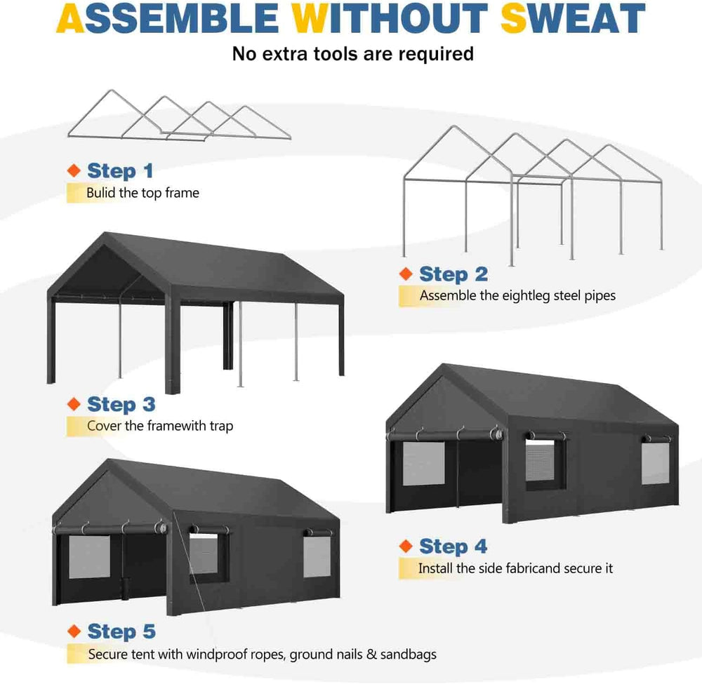 JAMFLY 12x20 ft Heavy Duty Portable Carport Garage, Grey