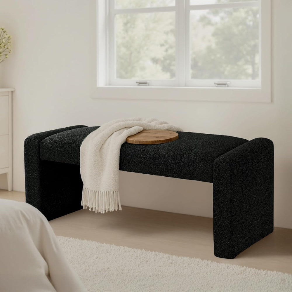 SIMTONAL Black Entryway Bench with Wood Frame, 47" Boucle Upholstered Bench