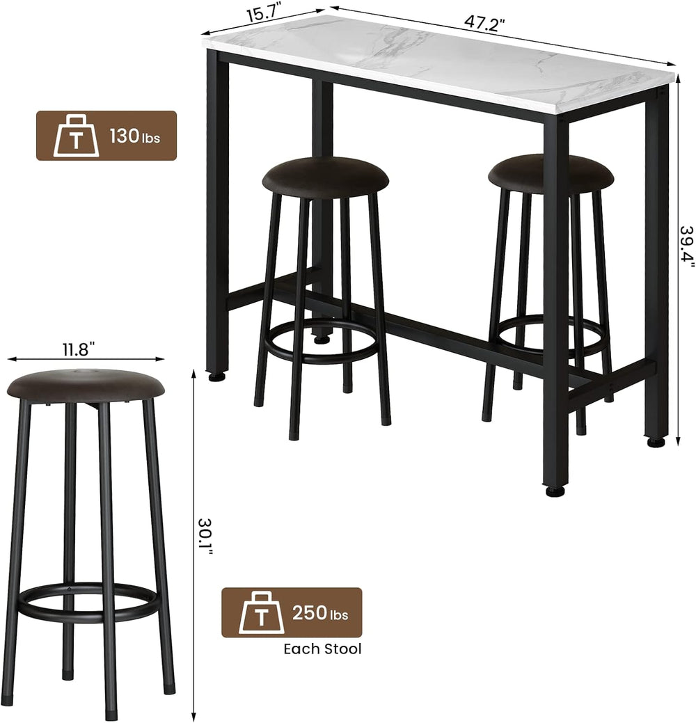 AWQM 47.2" Bar Table Set of 2,Faux Marble Pub Height Table and Chairs Se...