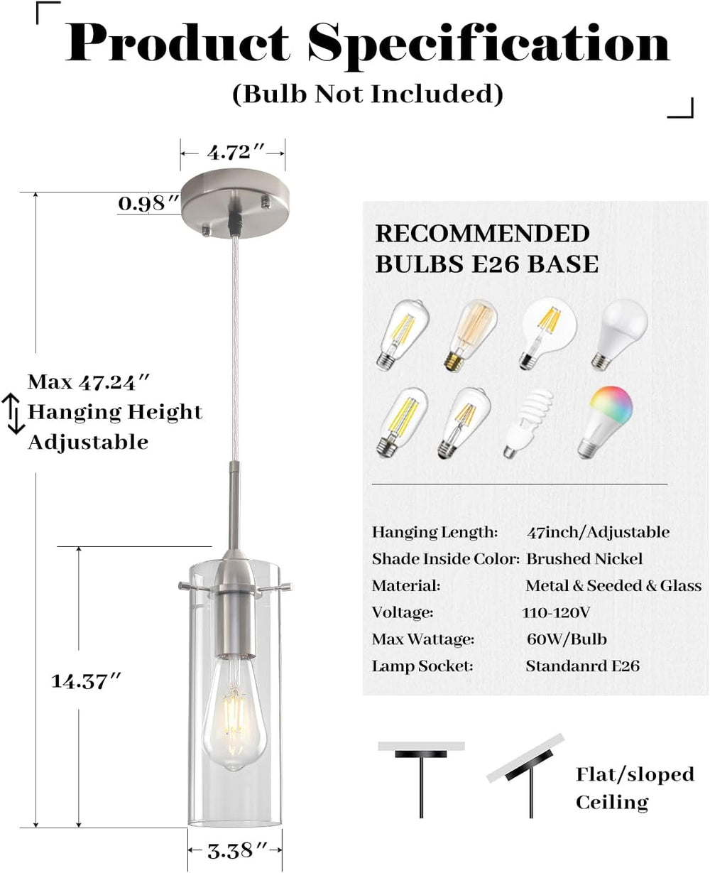 Glass Pendant Lights Kitchen Island 2 Packs, Brushed Nickel Pendant Light, Mo...