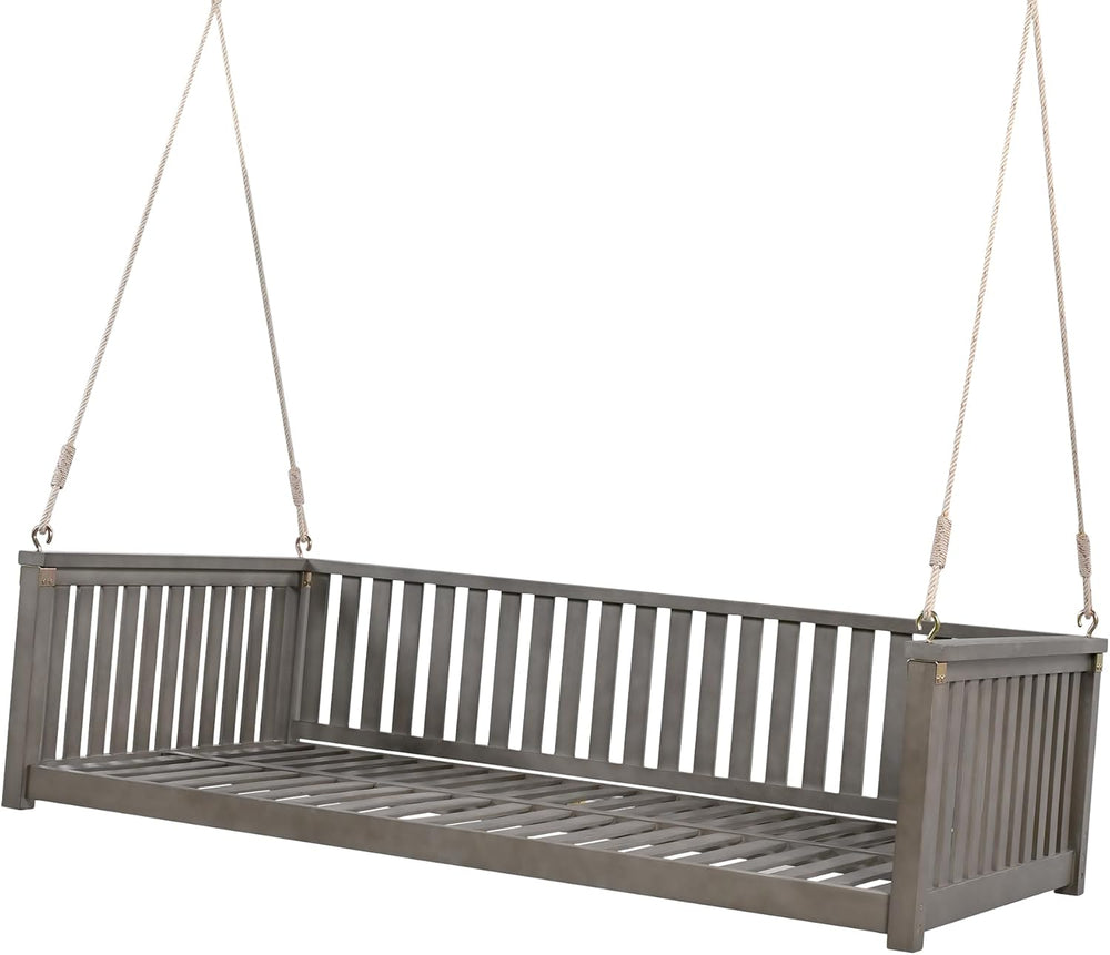 Patio Minimalist Acacia Wood Porch Swing with Hemp Rope, Twin Size Garden Swi...