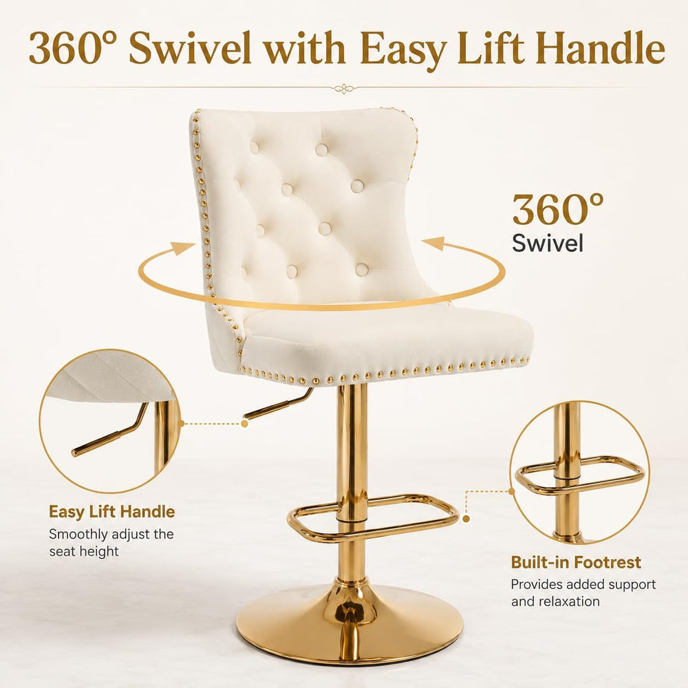 Gold Swivel Bar Stool, Cream Seat, Adjustable Counter Height
