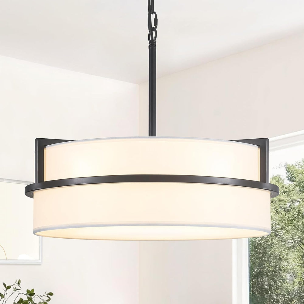 19.7" Black Drum Chandelier, Drum Pendant Light with White Linen Shade