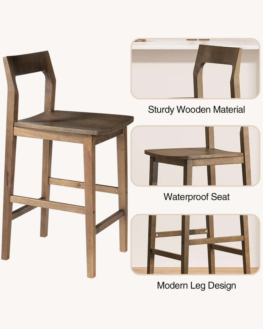 Wood Barstools Set of 4, Counter Height Bar Stools Armless Farmhouse Wooden B...