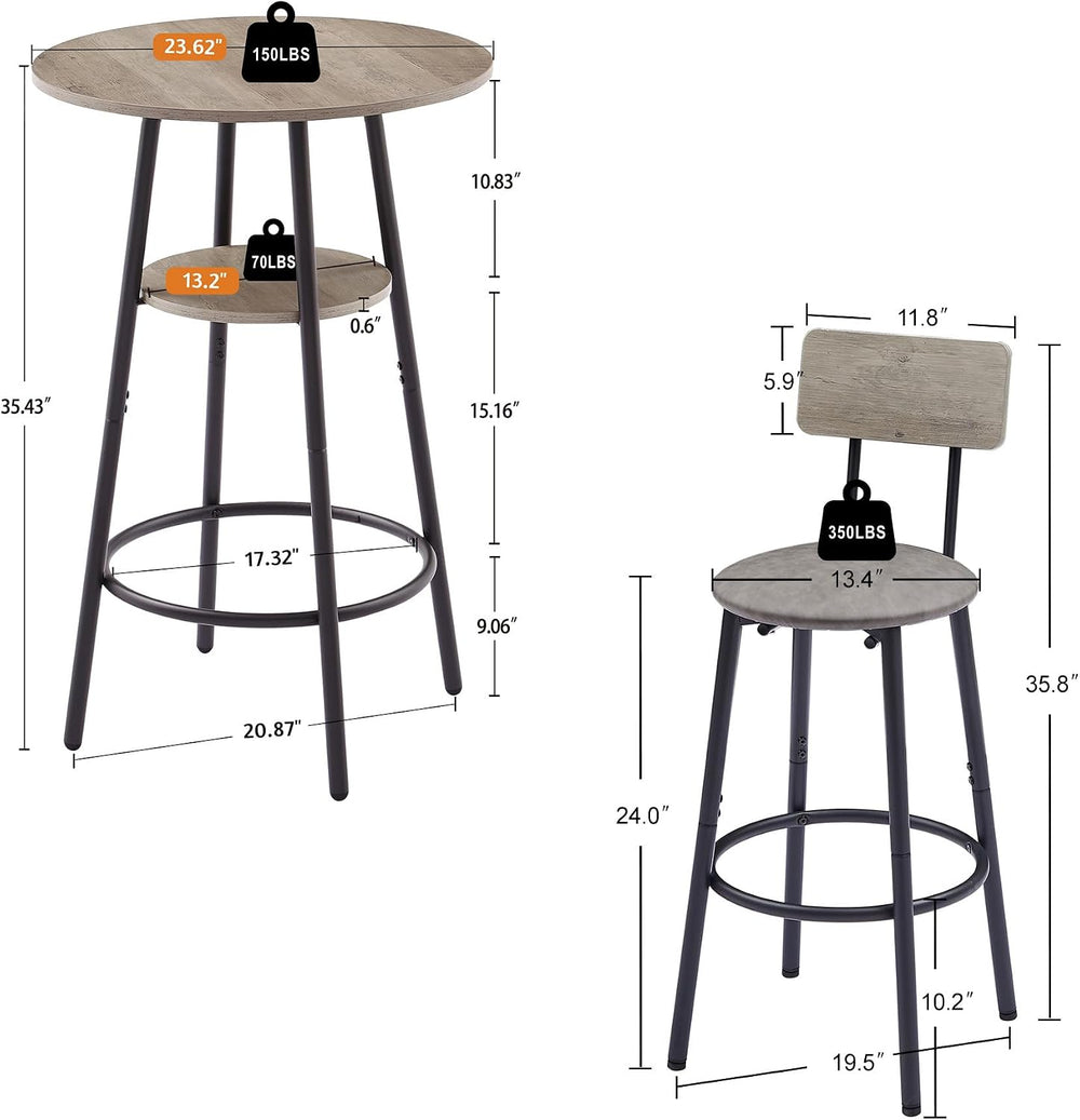 3 Piece Round Bar Table Set with Storage Shelf, Bistro Pub Counter Height Tab...