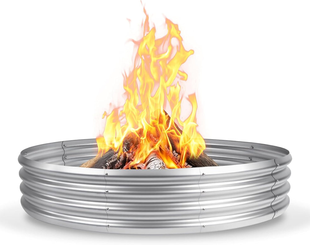 48 Inch Outdoor Fire Pit Ring, Wood Burning Large Metal Fireplace, Silver