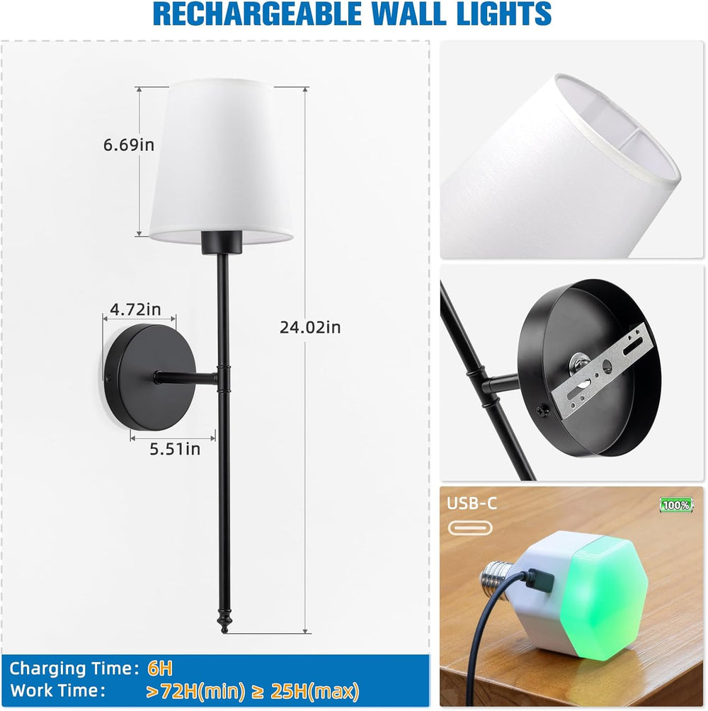 NIORSUN Battery Operated Wall Sconce Set of 2,Black Rechargeable Wall Lights ...