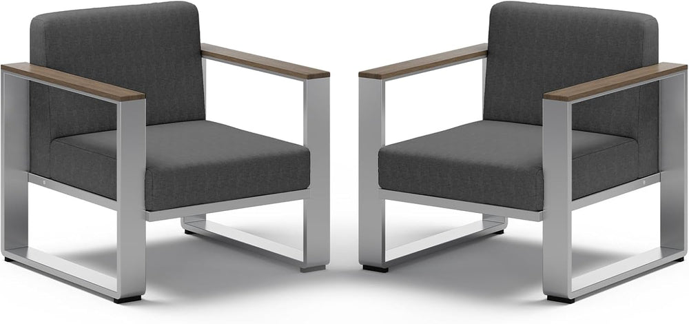 2 Pieces Outdoor Aluminum Armchair, Modern Patio Patio Furniture with Wide Se...