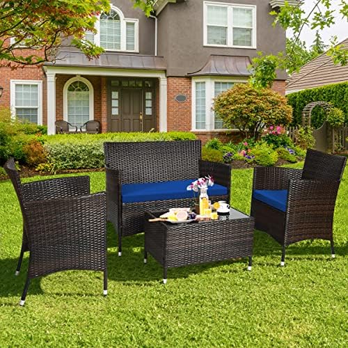 Tangkula 4-Piece Modern Patio Rattan Conversation Set, Outdoor Wicker Furnitu...