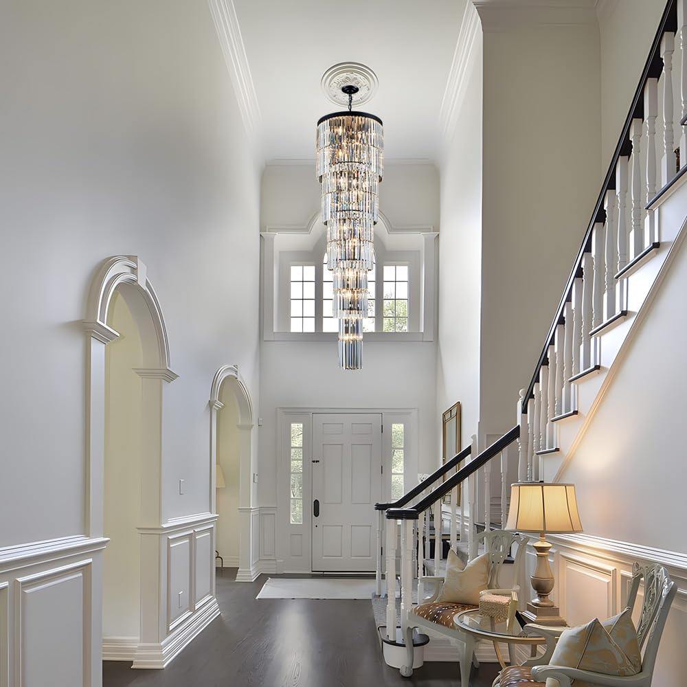 Luxury Modern Long Staircase K9 Chandeliers Black Top Design 10-Tier Large Fo...