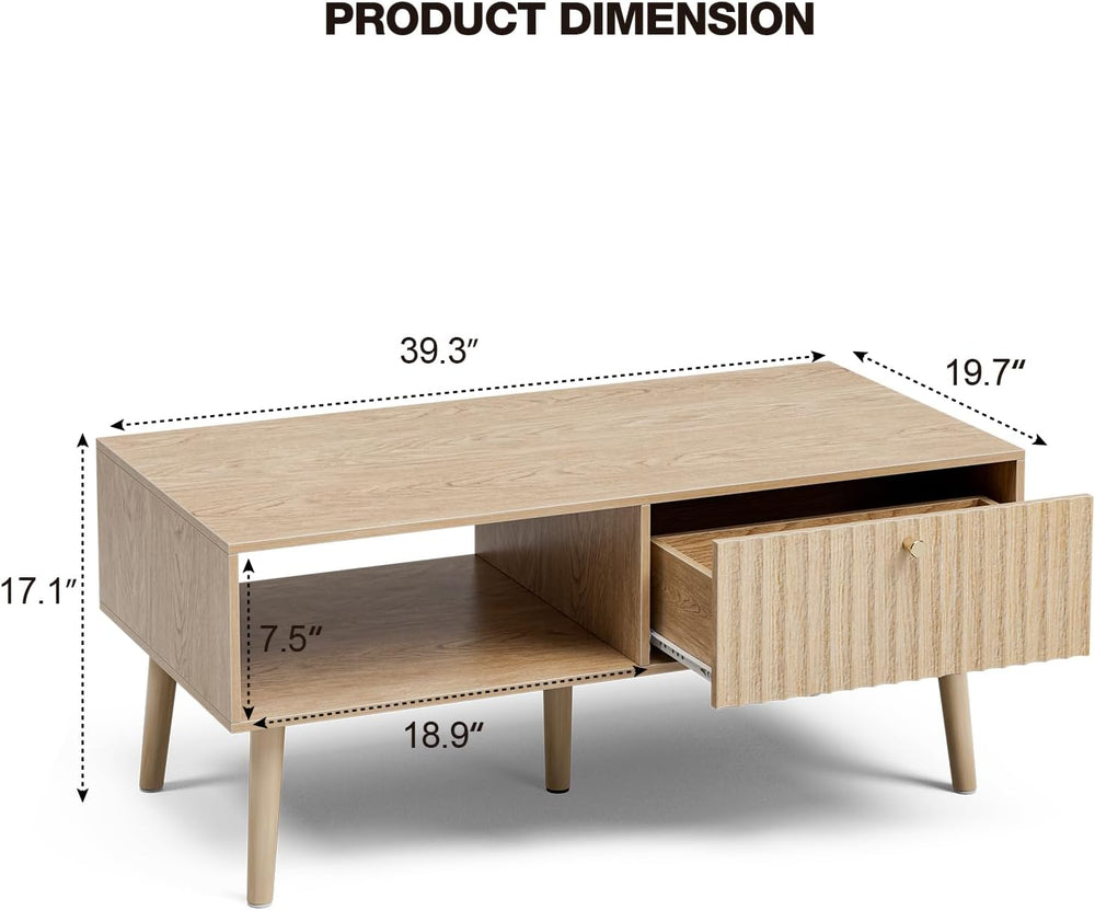 LCRBOL Coffee Table with Fluted Drawer, Modern, Oak