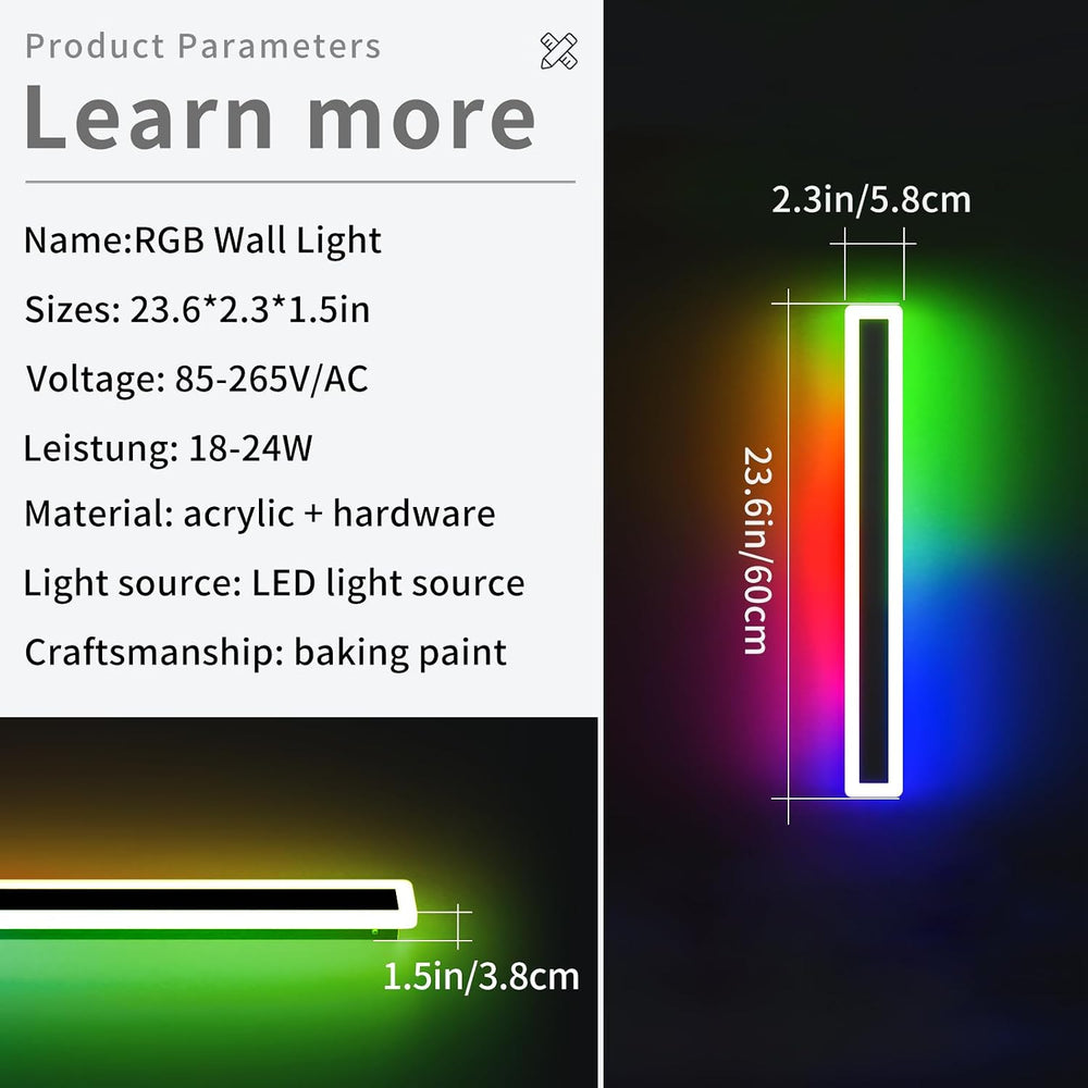 23.6inch Outdoor Modern Wall Light, 10 Colour RGB Dimmable Long Wall Sconce, ...