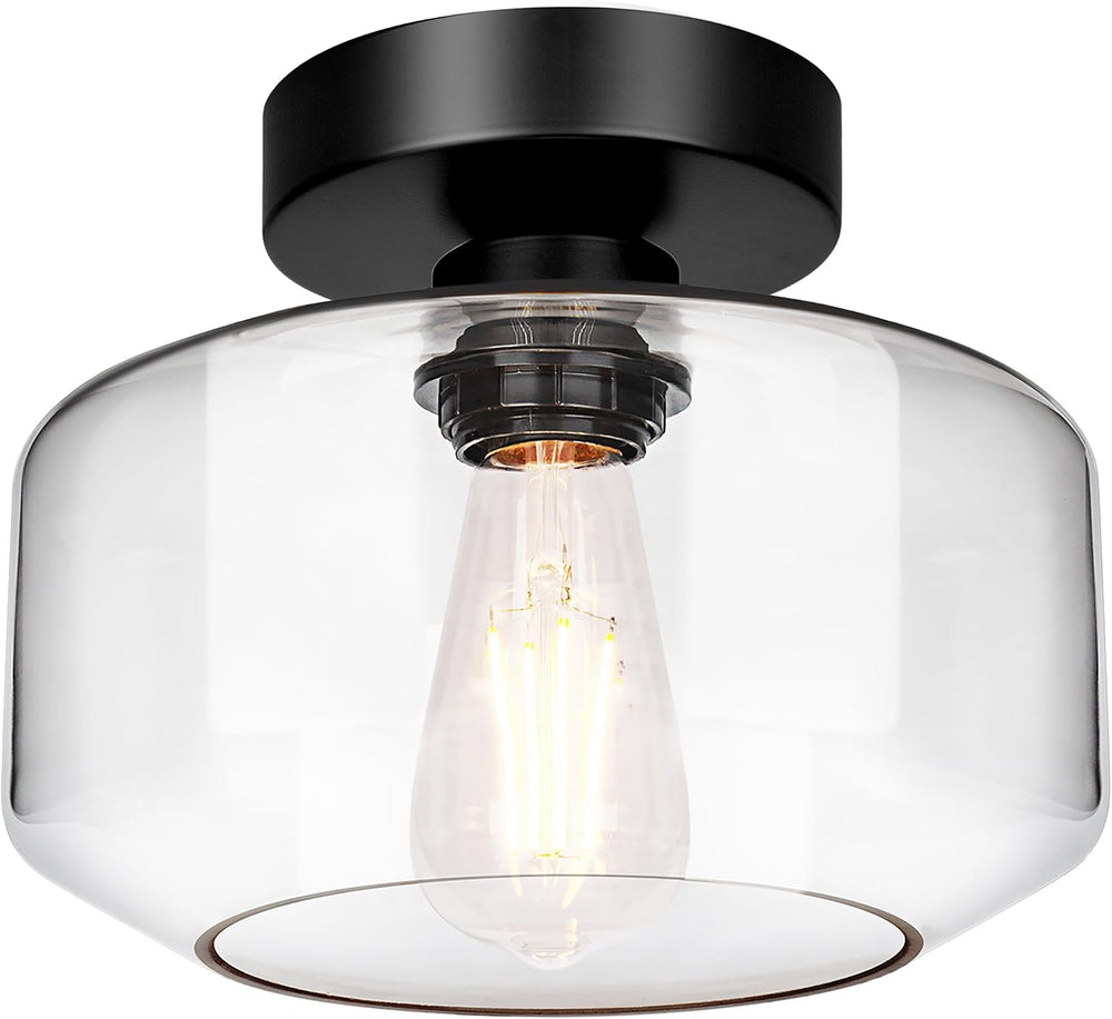 Lynnoland Industrial Farmhouse Semi Flush Mount Ceiling Light, Black, Clear G...