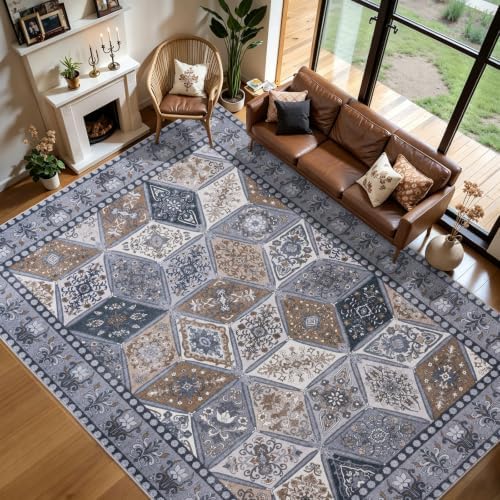 Vintage Washable Living Room Carpet 9x12, Moroccan Patchwork Rug, Dark Grey