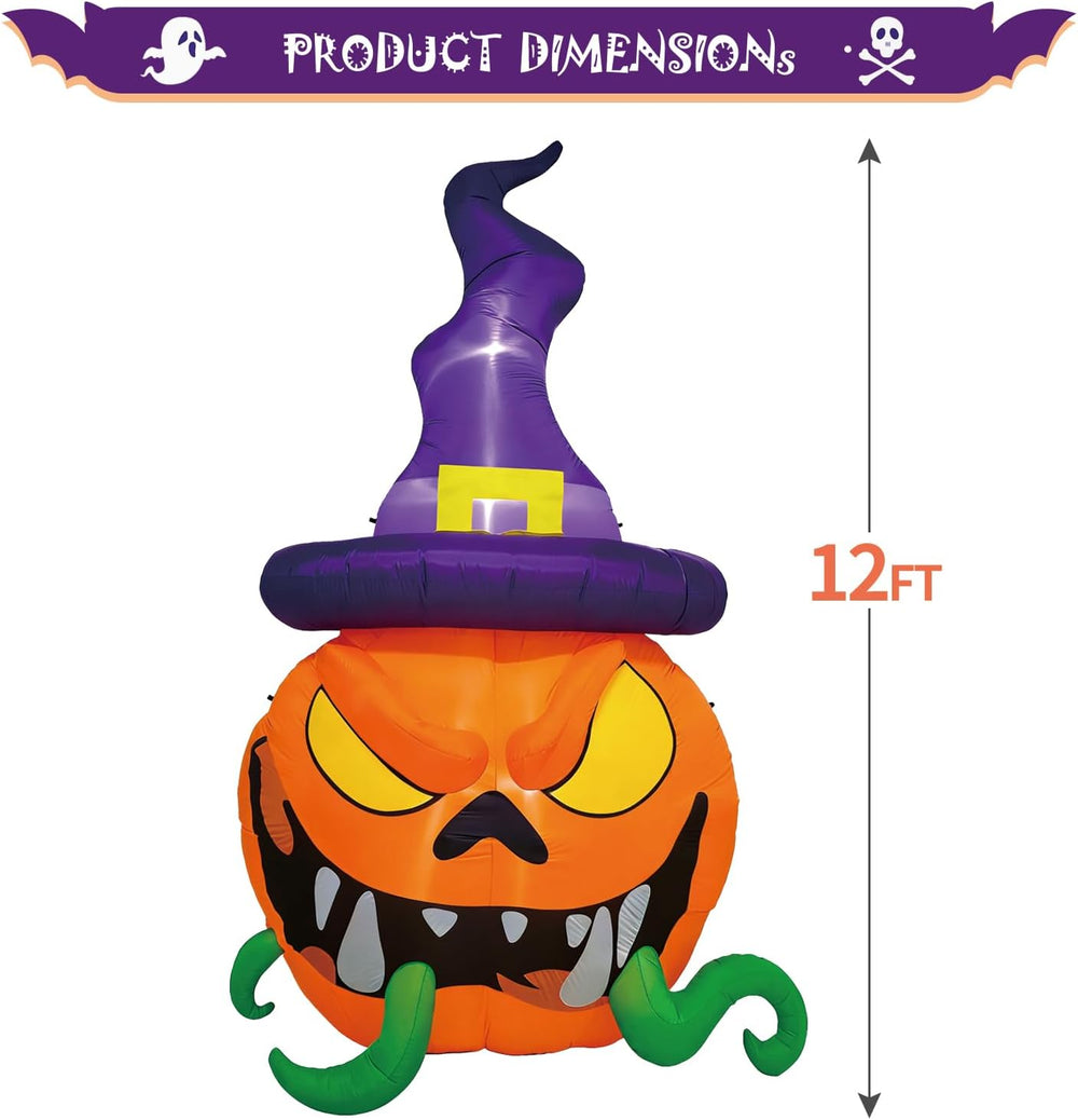 DomKom 12FT Halloween Inflatable Blow Up Decorations, Giant Pumpkin wear Witc...