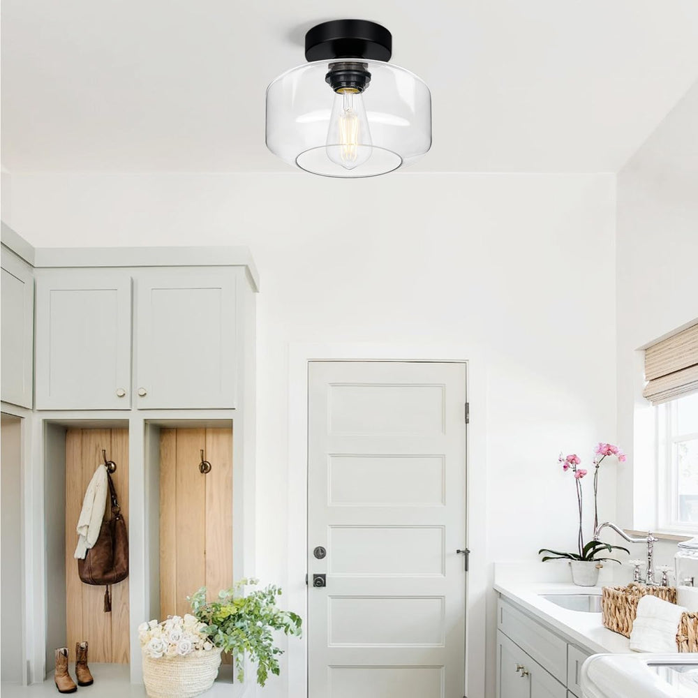 Lynnoland Industrial Farmhouse Semi Flush Mount Ceiling Light, Black, Clear G...