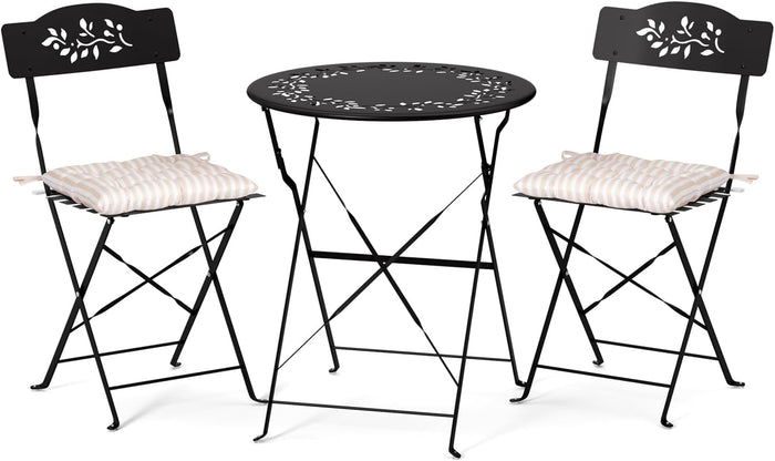 VINGLI Outdoor Folding Bistro Table and Chairs Set of 2, 3-Piece Bistro Set with Olive Leaf Cutout Design and Comfortable Cushions for Patio, Balcony, Garden, Porch, Yard, Black