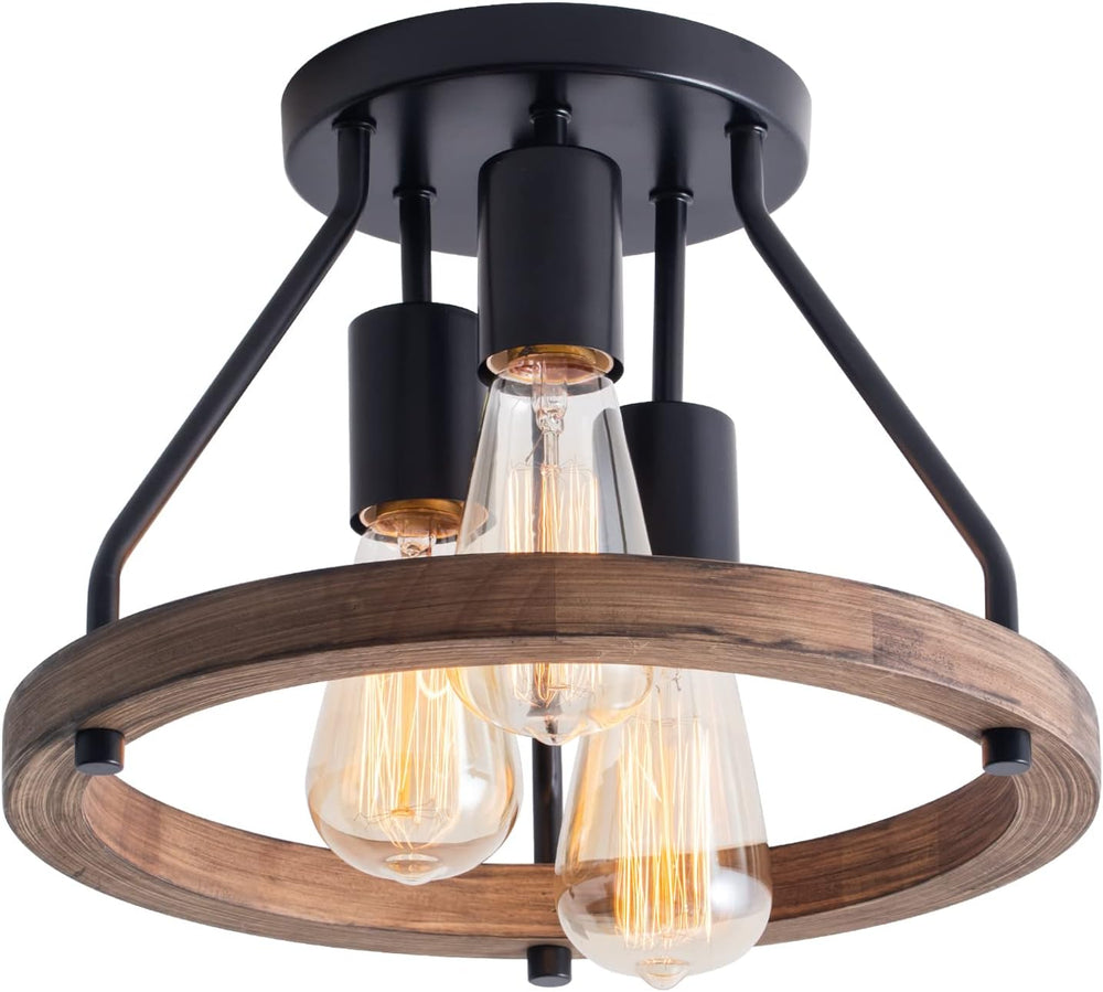 VILUXY Industrial Flush Mount Ceiling Light Fixture with Retro Wood Circle Sh...
