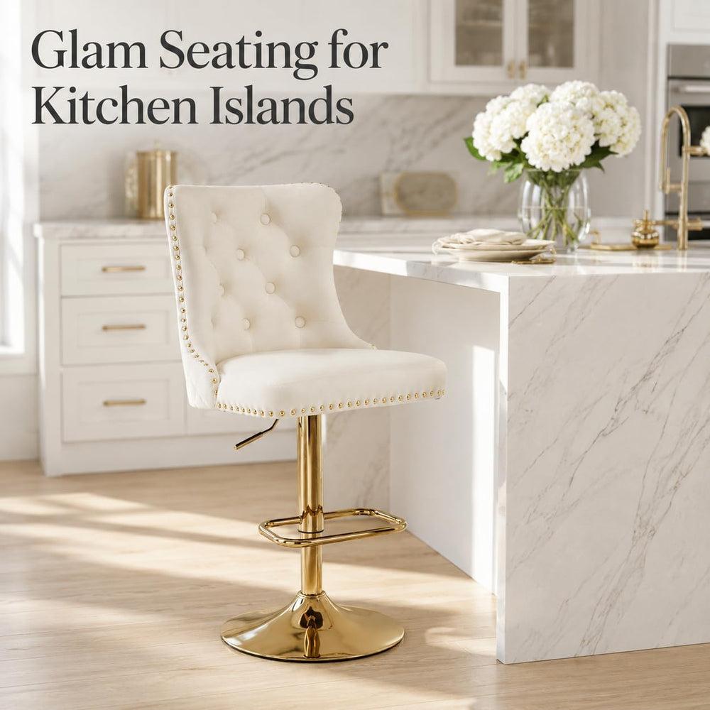 Gold Swivel Bar Stool, Cream Seat, Adjustable Counter Height