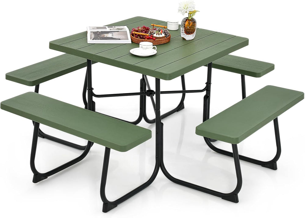 Tangkula 8 Person Picnic Table, Outdoor Square Picnic Table with 4 Built-in B...