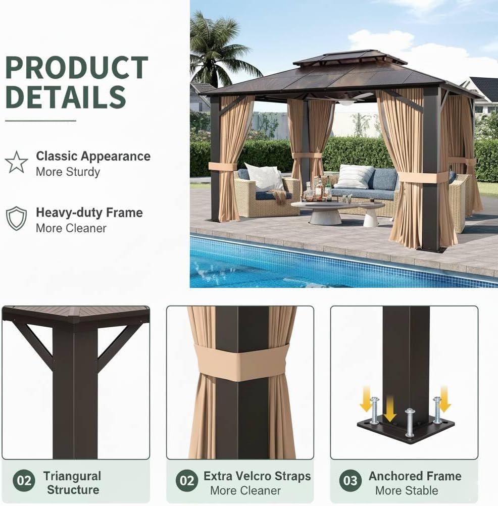 10x12 Hardtop Gazebo with Curtains & Netting, Double Roof Polycarbonate C...