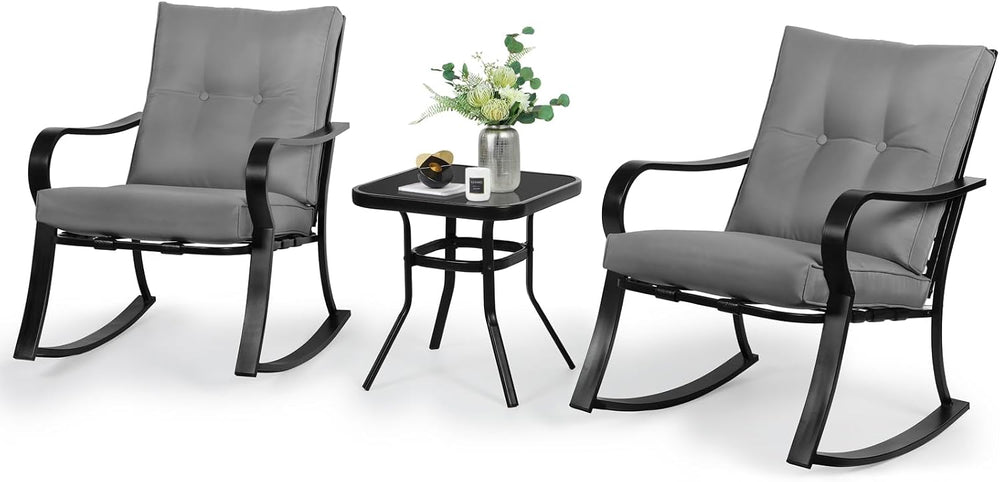 SOLAURA 3-Piece Outdoor Rocking Chairs Bistro Set, Black Iron Patio Furniture...