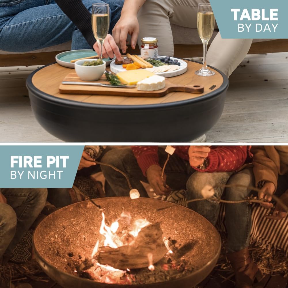 DENKOE Iron Fire Pit Table with Lid, Extra Thick and Heavy Duty Fire Bowl, De...
