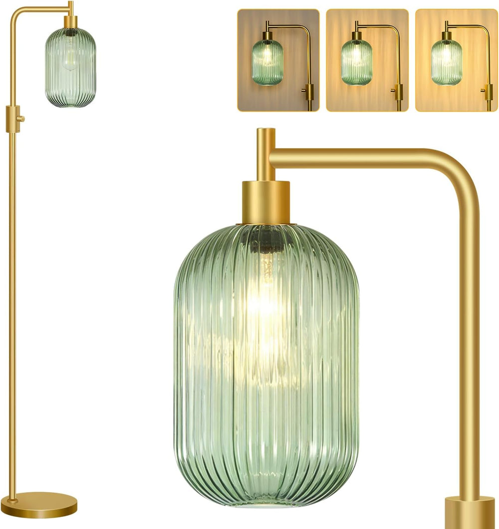 【Upgraded】 Dimmable Floor Lamp for Living Room with Green Ribbed Glass Lampsh...