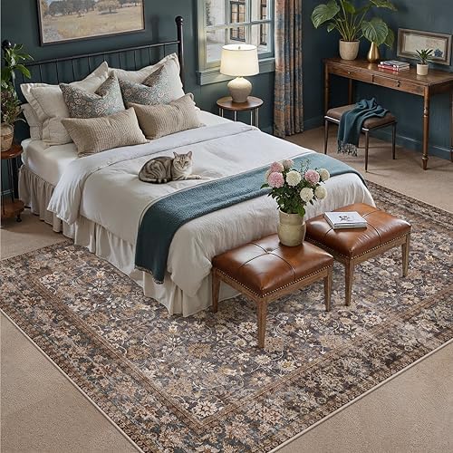 HUGEAR 8x10 Brown Blue Vintage Floral Washable Area Rug for Living Room