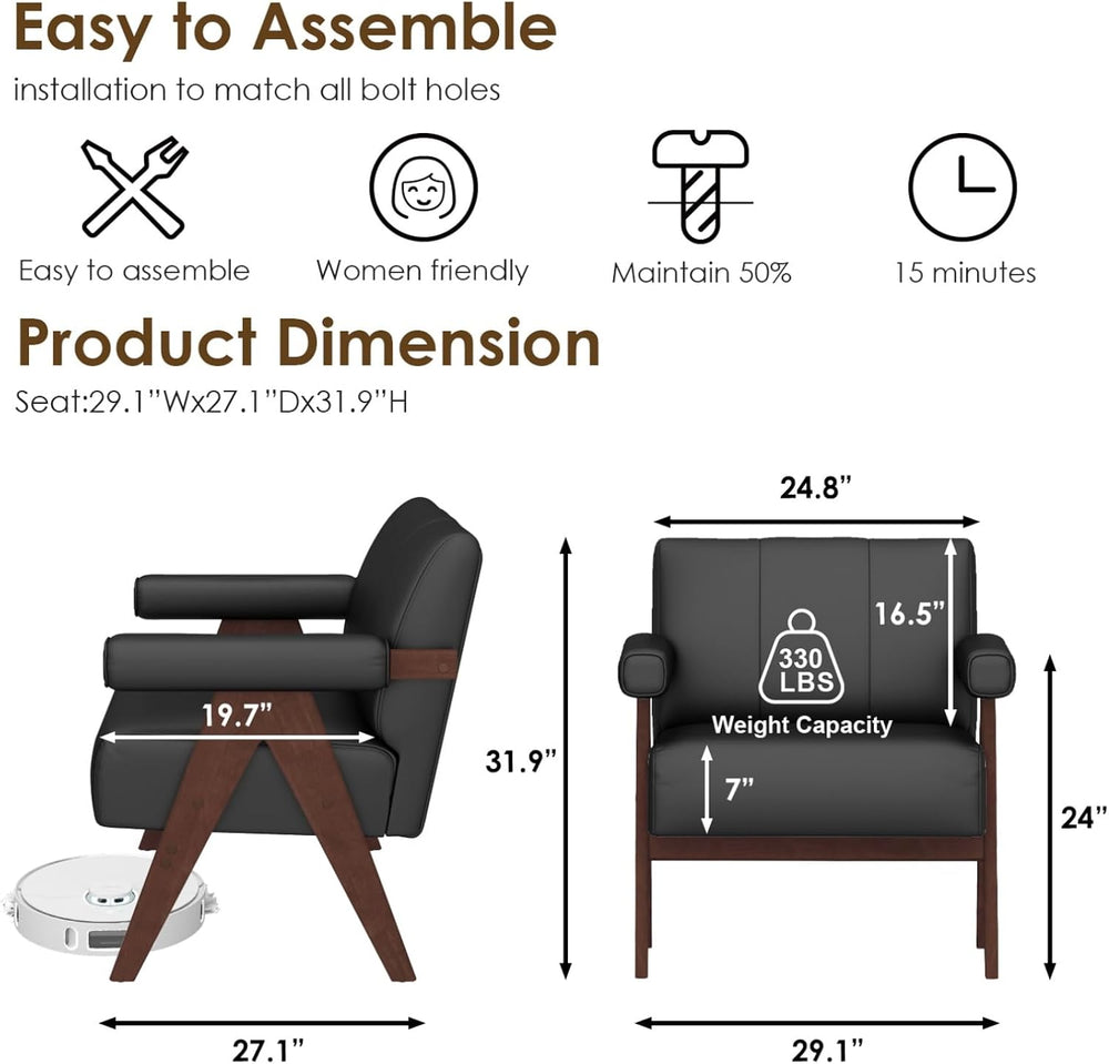 STHOUYN Faux Leather Accent Chairs Set of 2, Wooden Arm Chairs (Black)