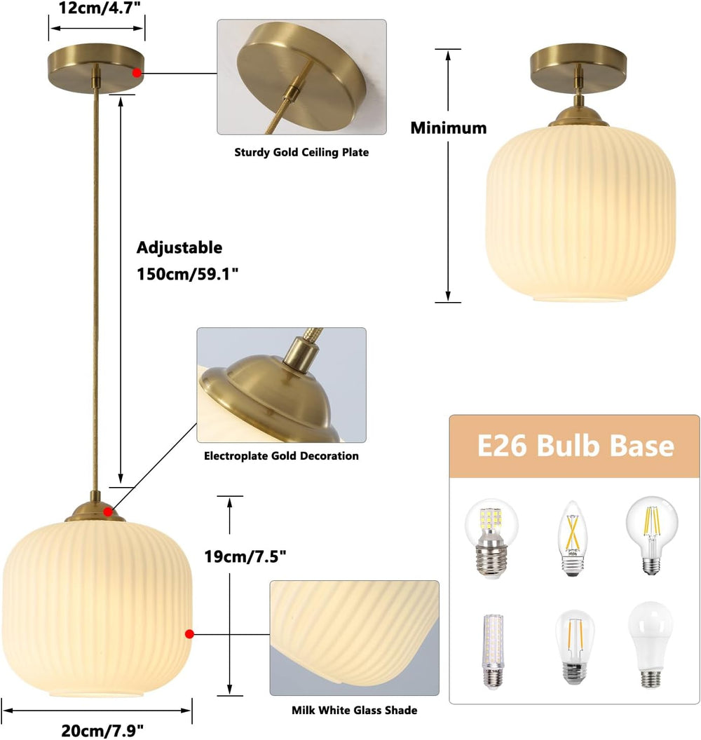 KCO Lighting 2 Pack Brushed Brass 7.9” White Ribbed Glass Pendant Lights