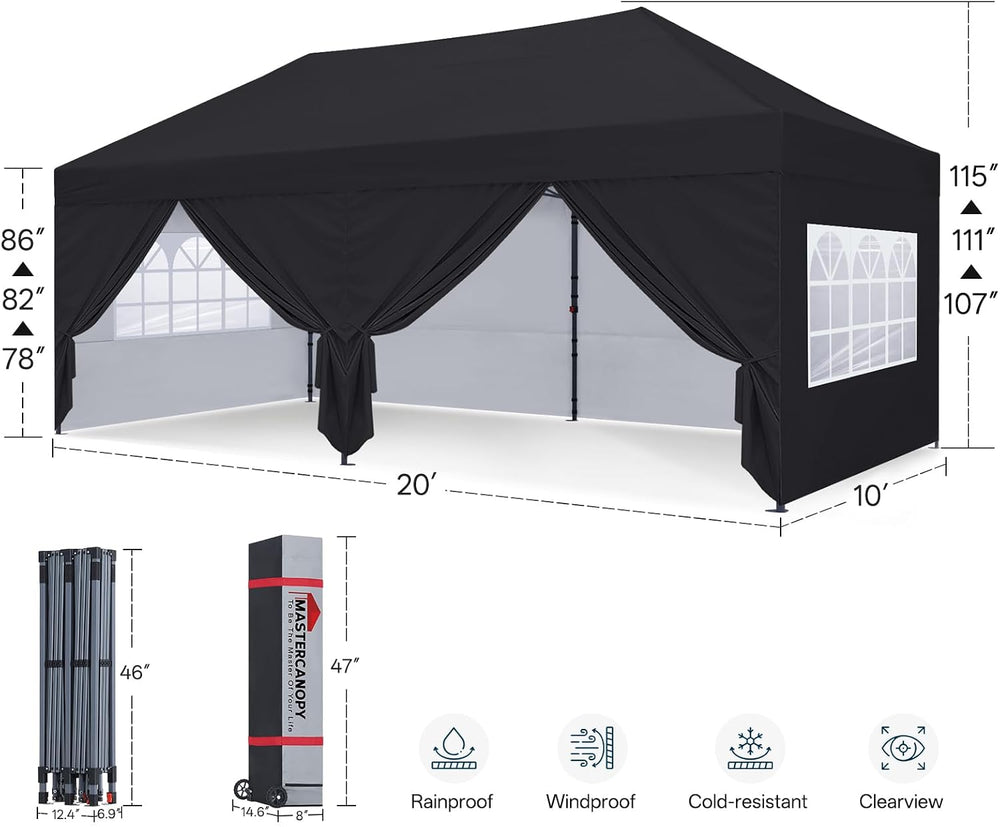 MASTERCANOPY 10x20 Pop Up Canopy Tent with Church Window Black