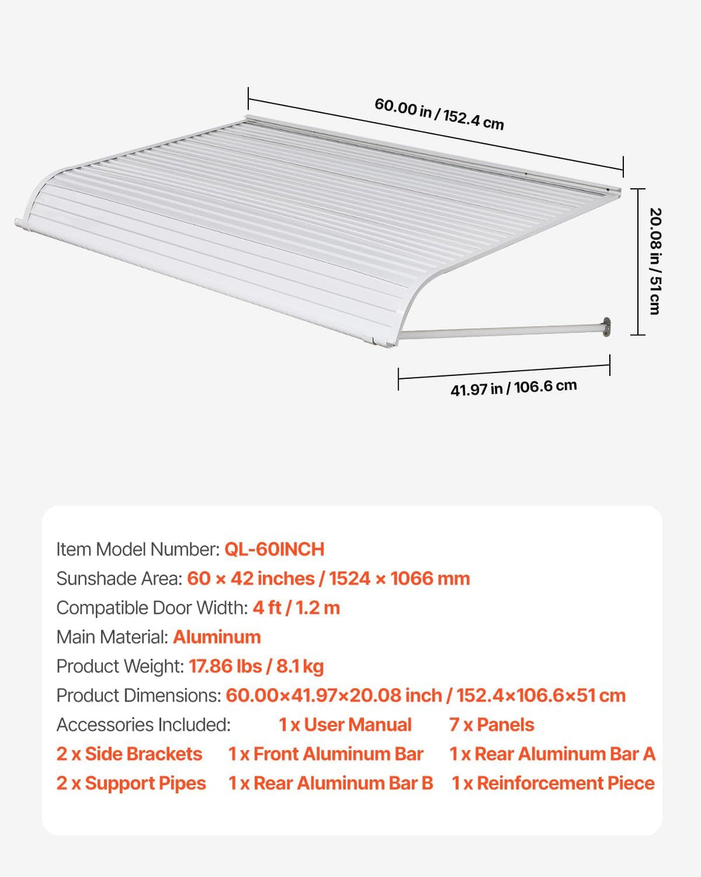 VEVOR Aluminum Awning 60 x 42 in, Durable Window Awning Door Canopy, Lightwei...
