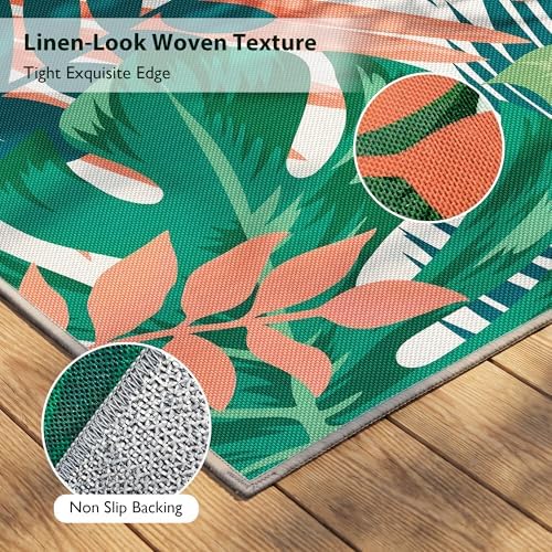 Arenarug 5x8 Monstera Tropical Outdoor Rug Waterproof, Teal