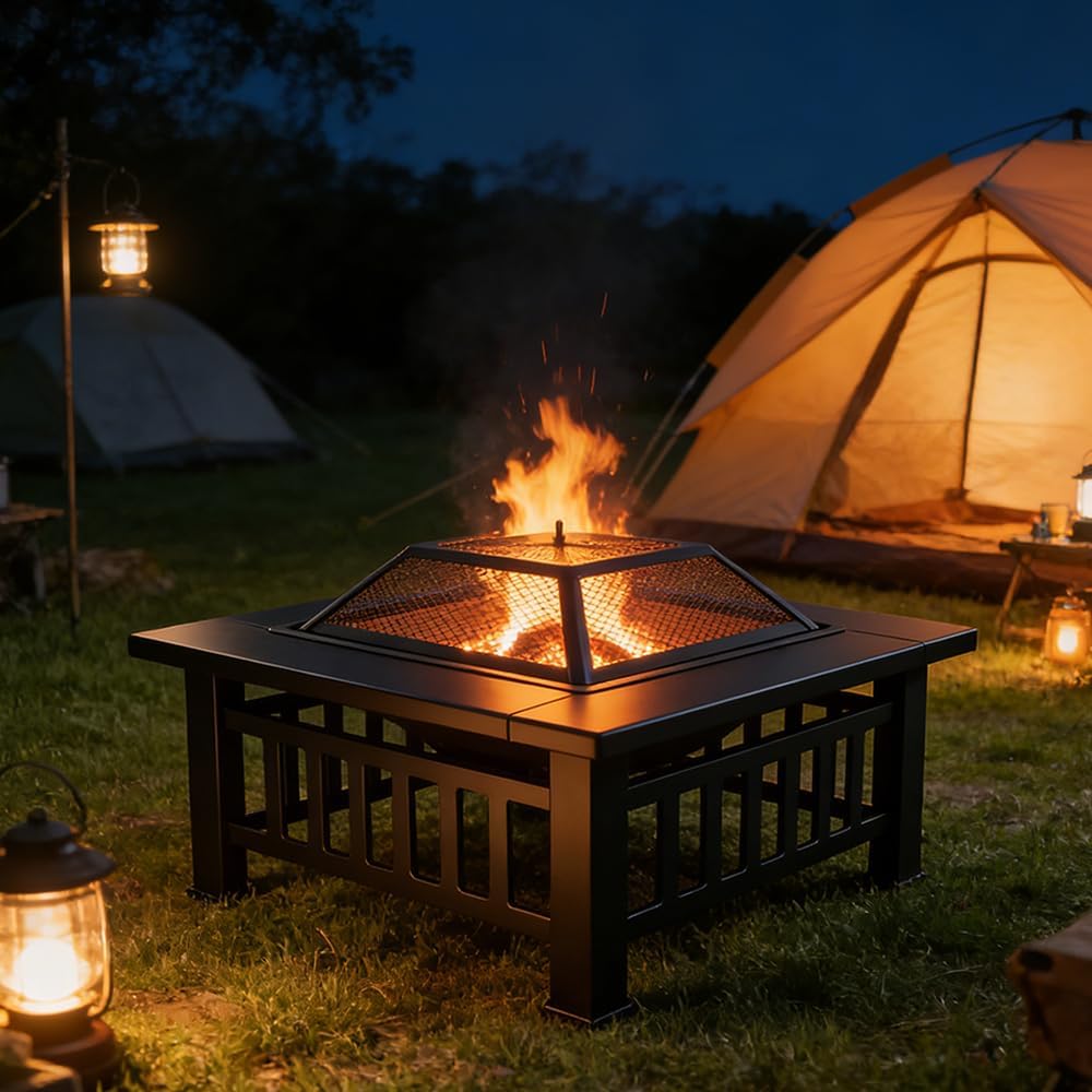 3-in-1 Multifunctional Square Fire Pit Table, 32-Inch Outdoor Metal Fire Pit ...
