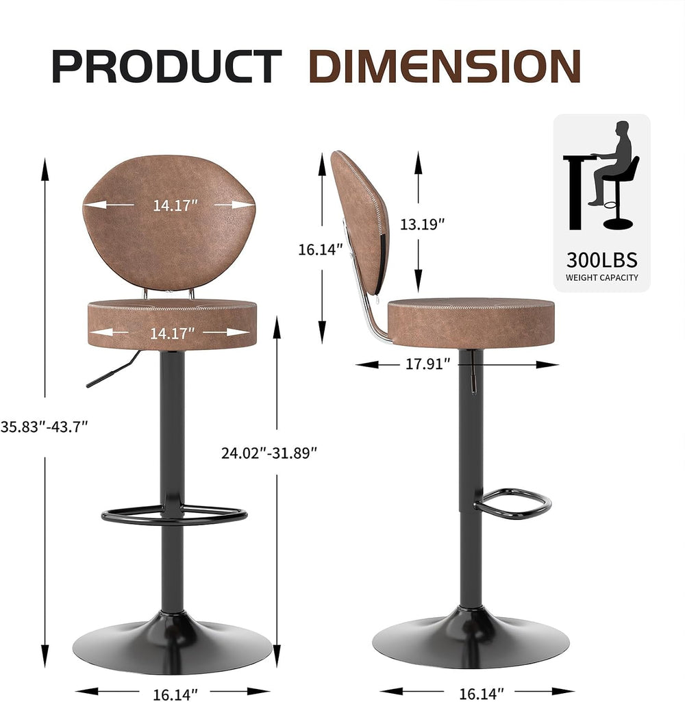 Swivel Bar Stools Set 1, Adjustable Height Suede-Like Leather Brown