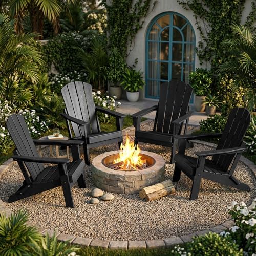Lightweight Folding Adirondack Chair Set of 4, HDPE, Black