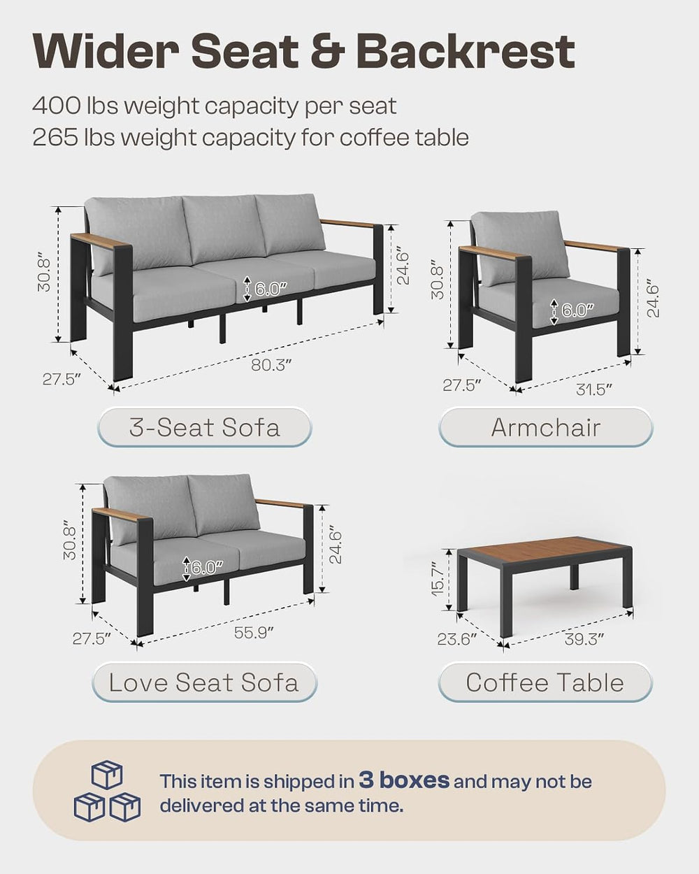Aluminum Outdoor Patio Furniture Set with Coffee Table, 4 Piece Patio Convers...