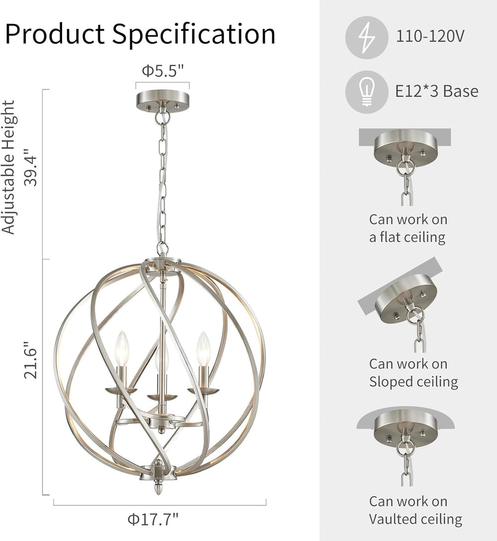 ANJIADENGSHI Modern Globe Chandelier, Brushed Nickel Pendant Lighting for Kit...