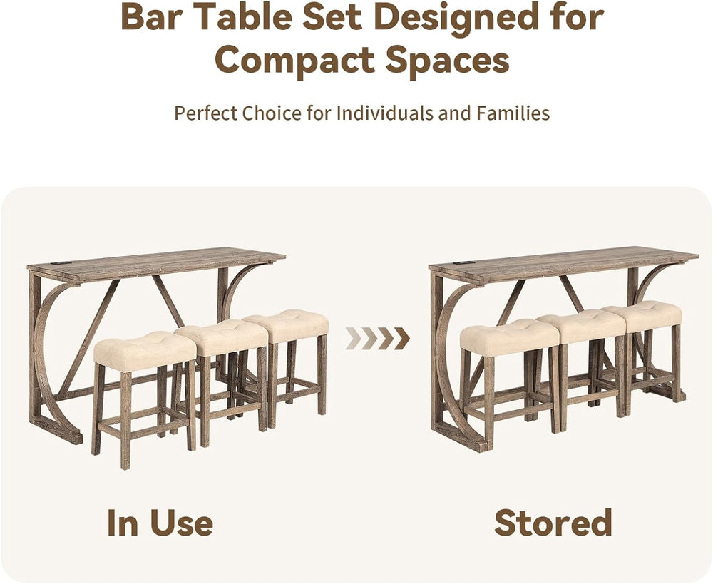 59" Counter Height Bar Table Set with Power Outlet, Industrial Breakfast...