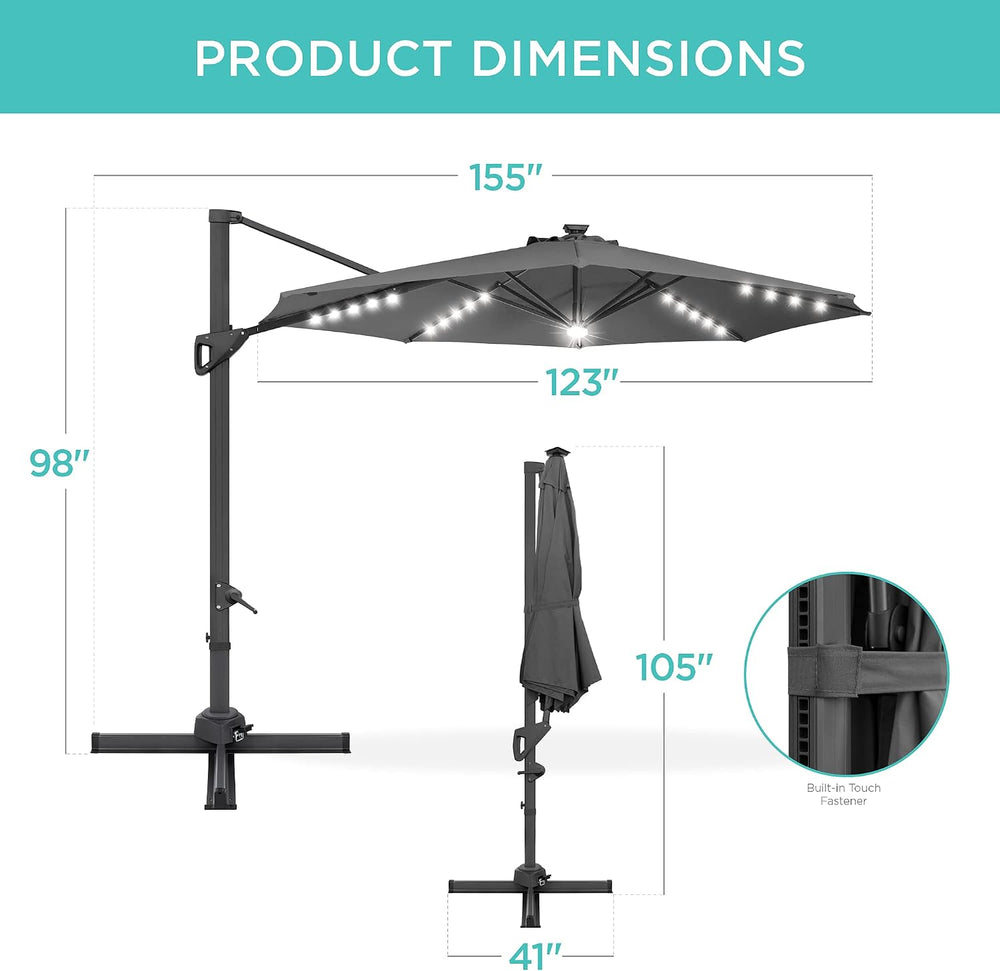 Best Choice Products 10ft Solar LED Cantilever Patio Umbrella, 360-Degree Rot...