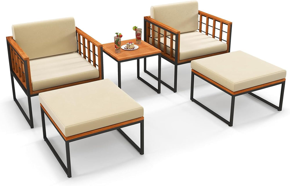 Tangkula 5 Pieces Acacia Wood Patio Furniture Set with Ottomans, Outdoor Conv...
