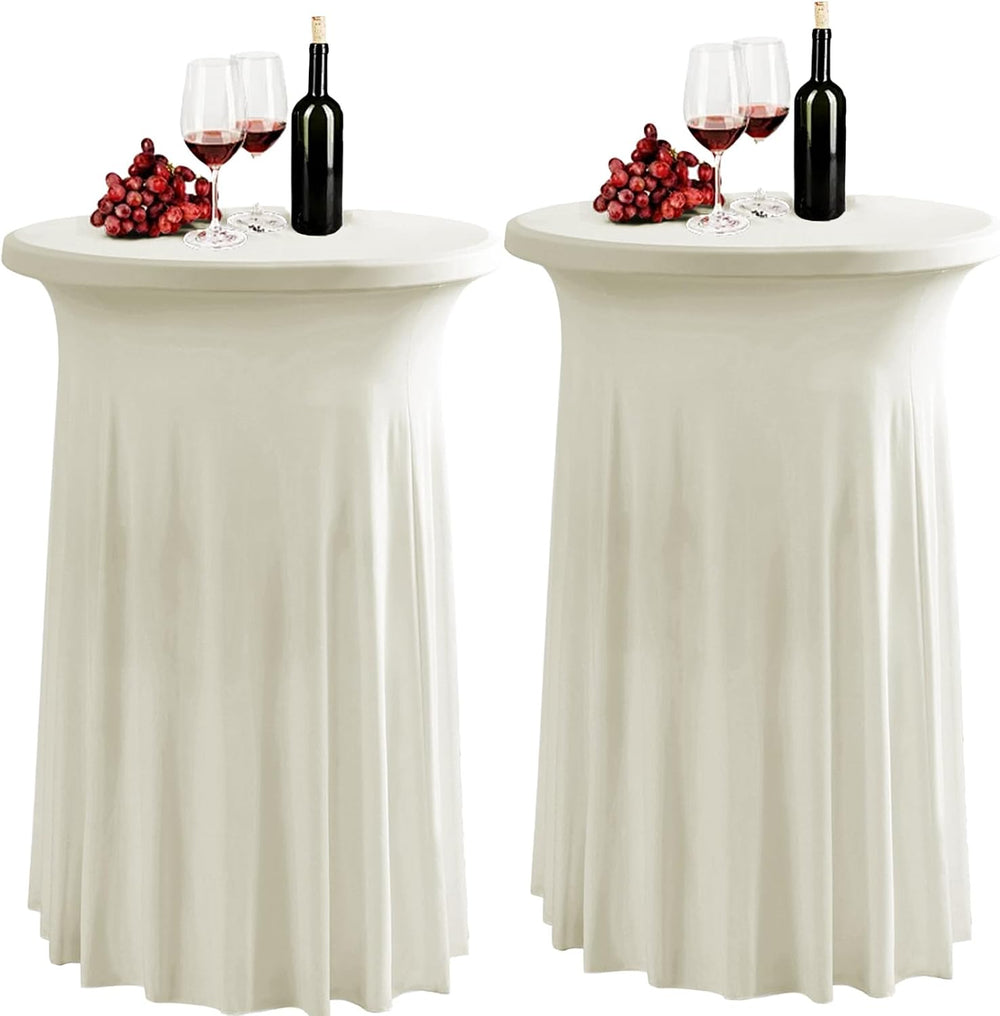 2 Pack Beige Spandex Stretch Round Table Covers with Skirt - 32x43 Inch Fitte...