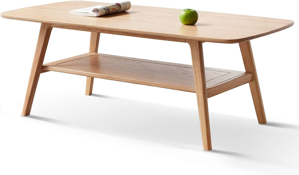 Modern Solid Oak Wood Coffee Table, 2-Tier Small Wooden Coffee Table with Sto...
