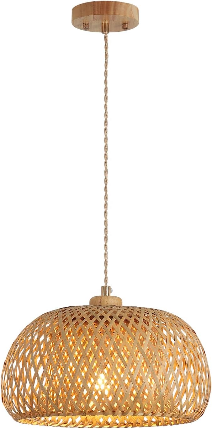 Bamboo Pendant Light Fixture One-Light Adjustable Boho Basket Handmade Woven ...